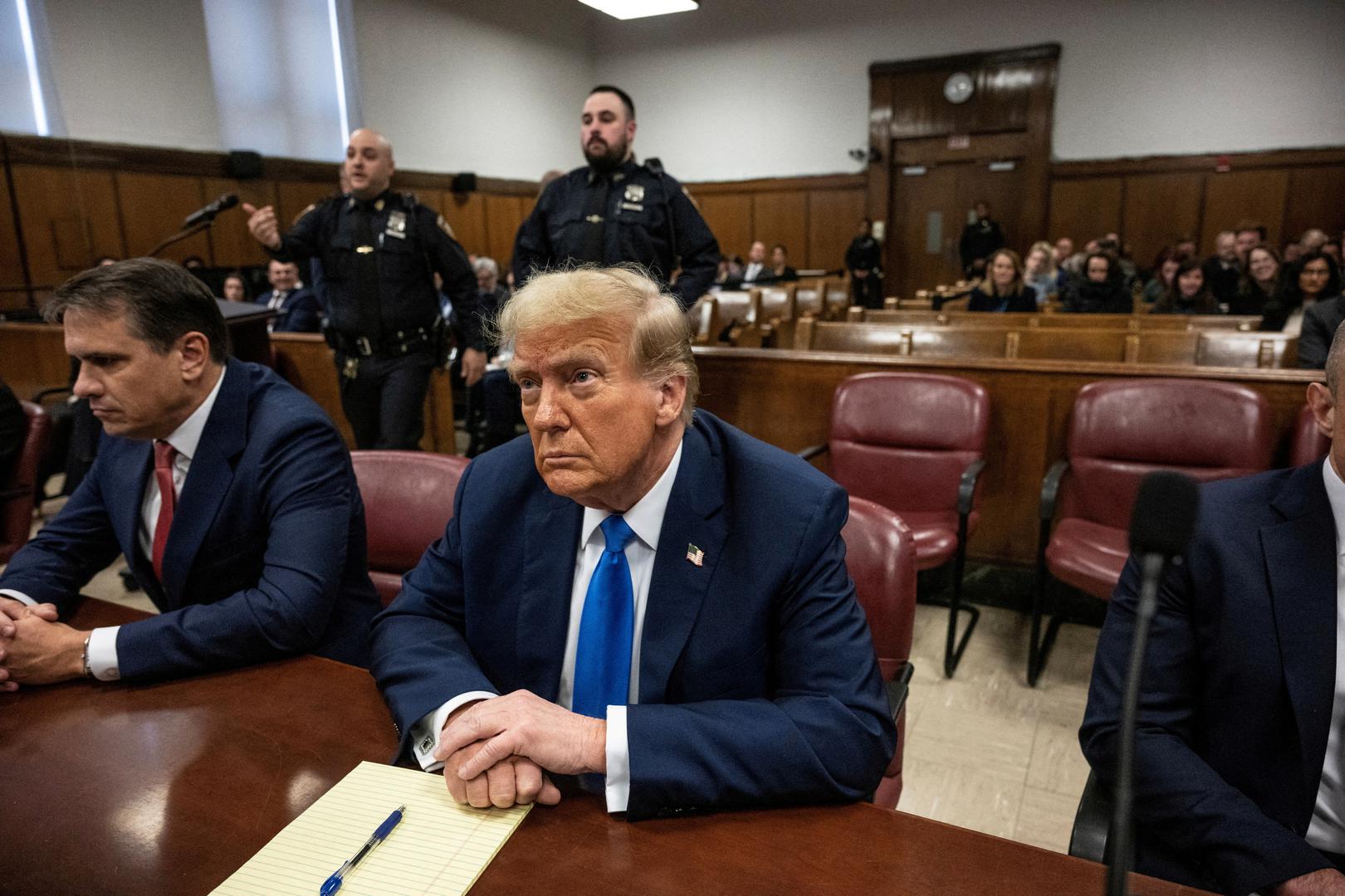 Former U.S. president and Republican presidential candidate Donald Trump sits in court on the first day of opening statements in his trial at Manhattan Criminal Court for falsifying documents related to hush money payments, in New York, U.S.,  April 22, 2024. Victor J. Blue/Pool via REUTERS Photo: Victor J. Blue/REUTERS