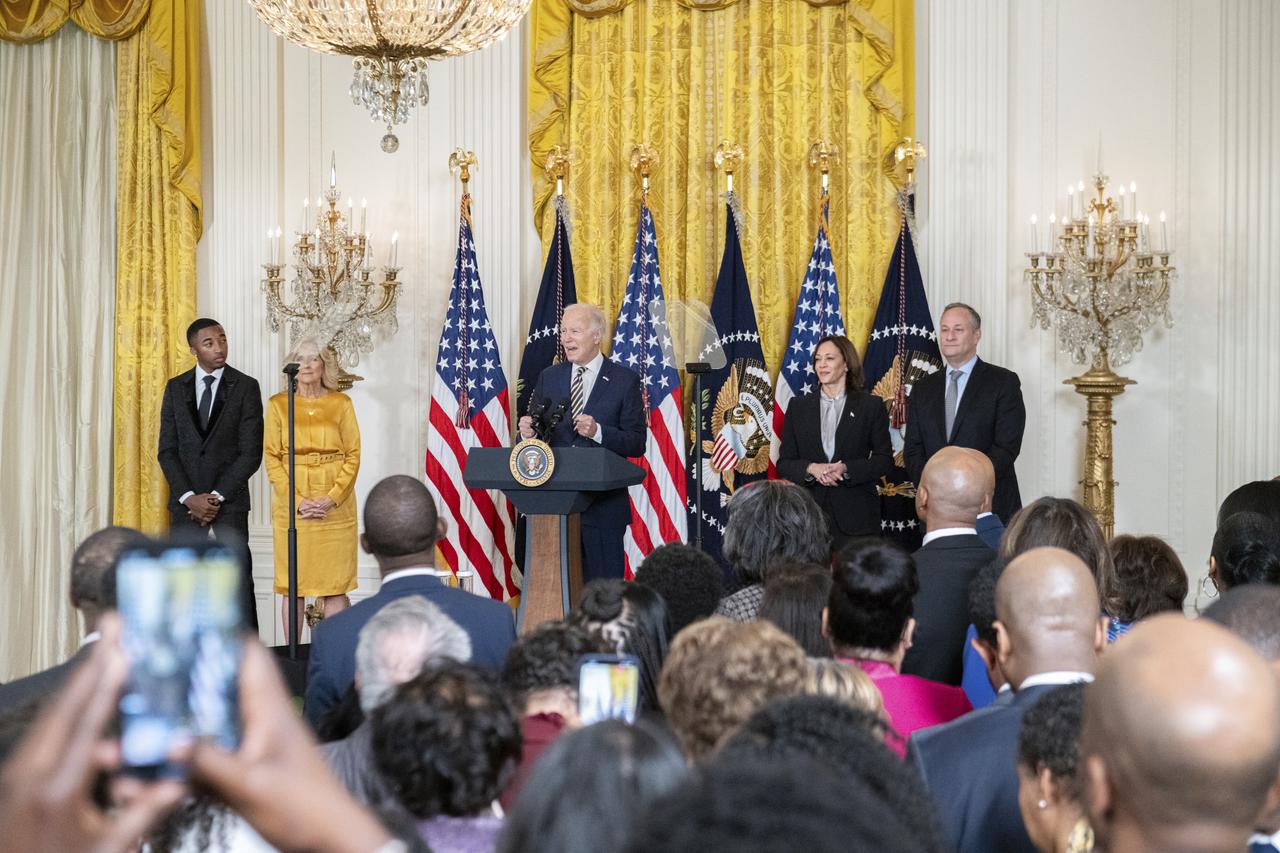 United States President Joe Biden delivers remarks at the Black History Month Reception.