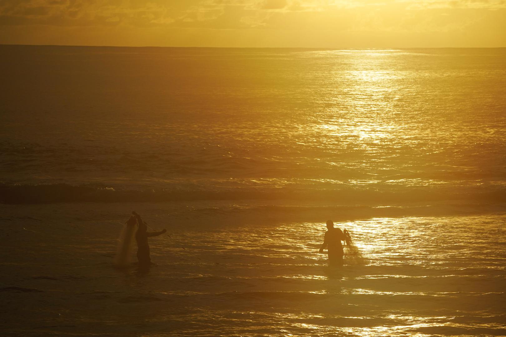 (240118) -- YAREN, Jan. 18, 2024 (Xinhua) -- People use fishing nets to catch seafood in the sea in the Republic of Nauru, Jan. 18, 2024. (Xinhua/Wang Shen) Photo: Wang Shen/XINHUA