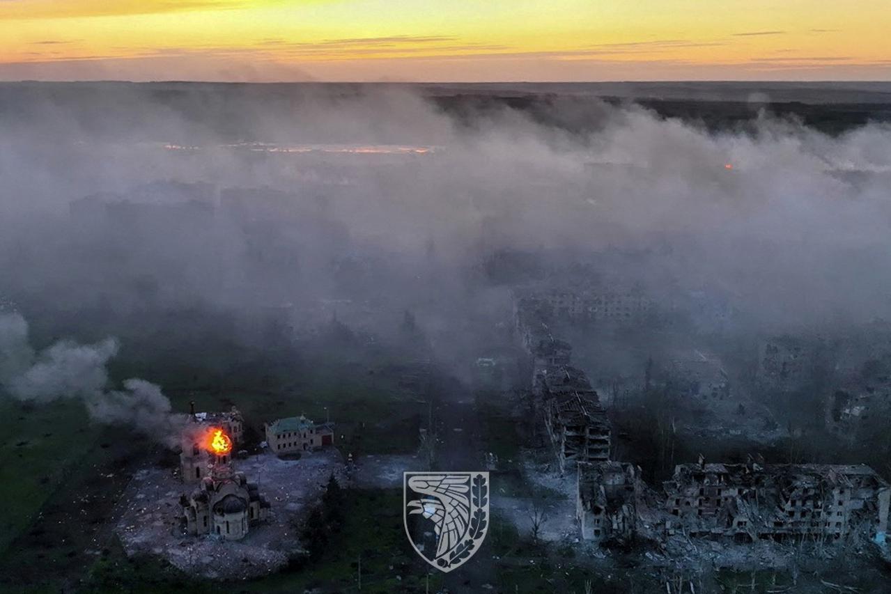 Aerial view shows destructions in the frontline town of Bakhmut