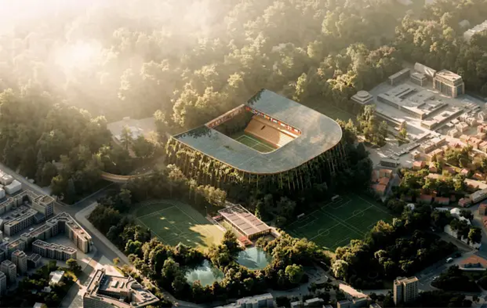 Stadion u obliku potkove otvara sjeverni kraj prema Maksimirskom parku i zadržava odnos gledališta s krajolikom kao temeljni prostorni motiv. Tribine, krov i drvena konstrukcija oblikuju zaobljeni volumen prekriven zelenilom, dok povišeni most-opservatorij uokviruje pogled prema parku i služi kao javna šetnica i vidikovac.