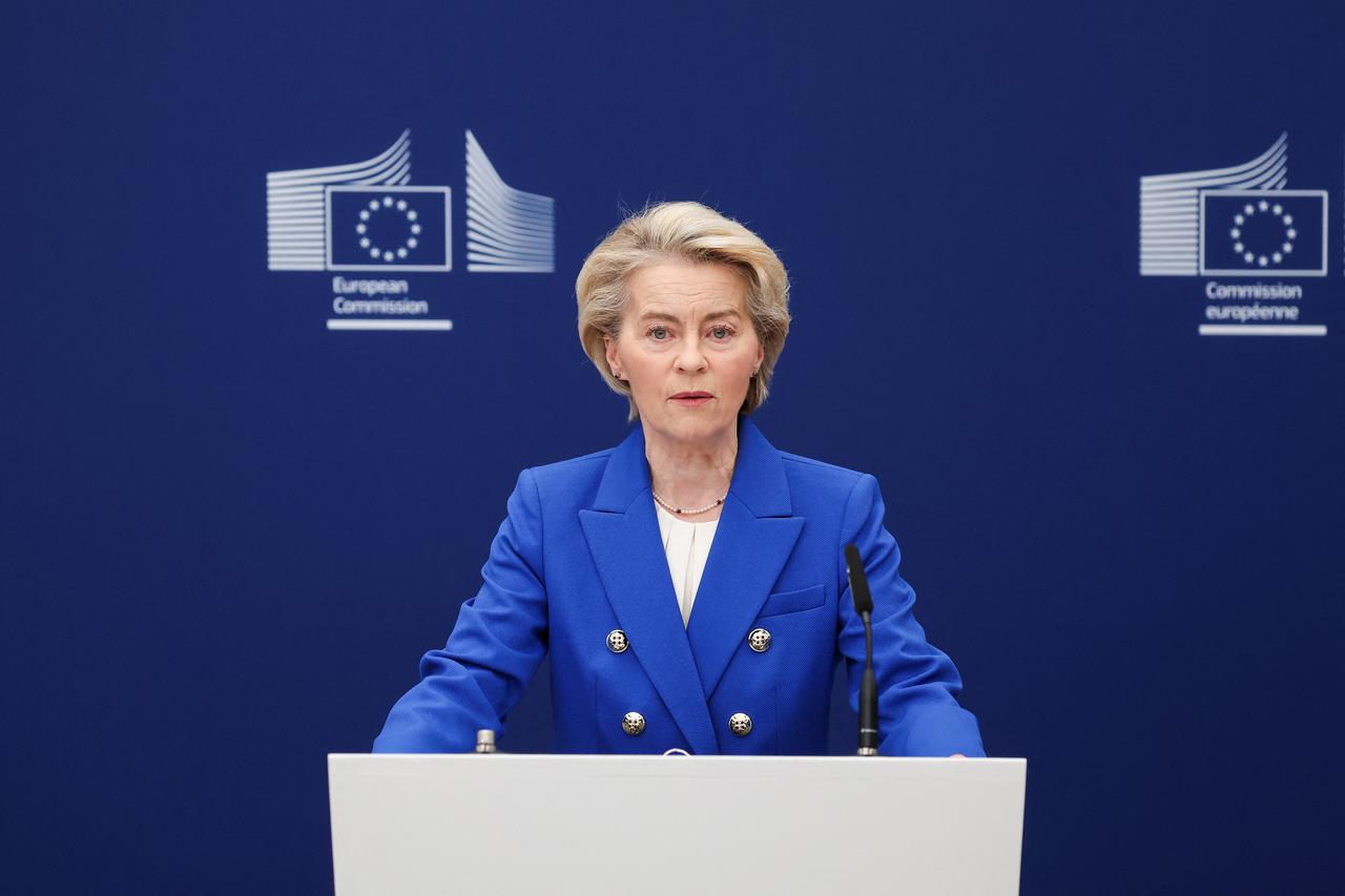 European Commission President Ursula von der Leyen delivers a statement, in Brussels