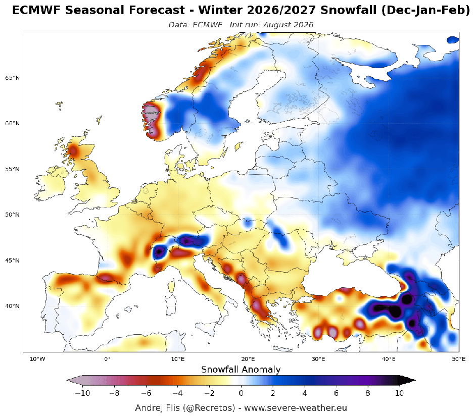 Sezonska prognoza ECMWF-a – Snježne oborine za zimu 2026./2027. (prosinac-siječanj-veljača)