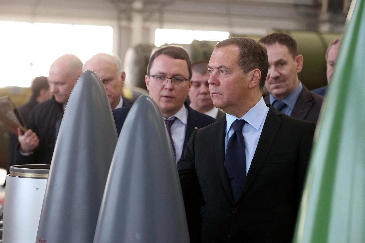 Deputy head of Russia's Security Council and chairman of the United Russia party Dmitry Medvedev visits the Raduga State Machine Building Construction Bureau in Dubna