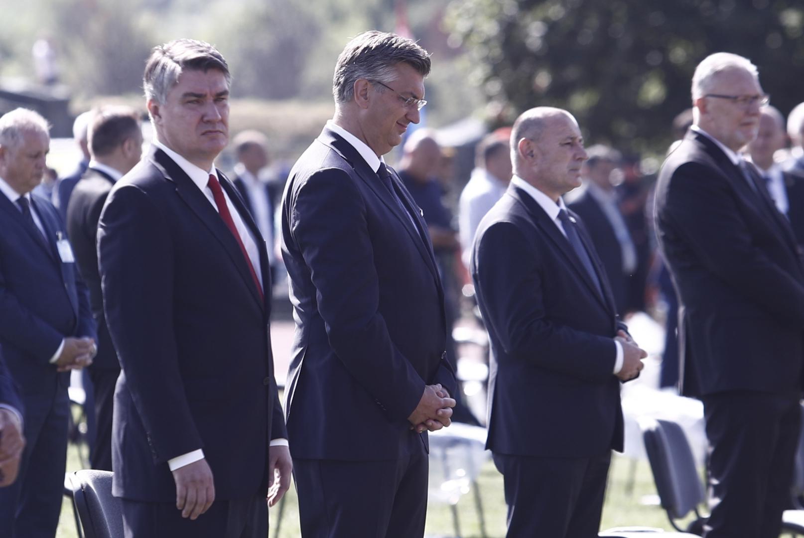 05.08.2021., Knin - Svecani program i dolazak drzavnih duznosnika povodom Dana pobjede i domovinske zahvalnosti te Dana hrvatskih branitelja na stadionu NK Dinara. Zoran Milanovic, Andrej Plenkovic. Photo: Milan Sabic/PIXSELL