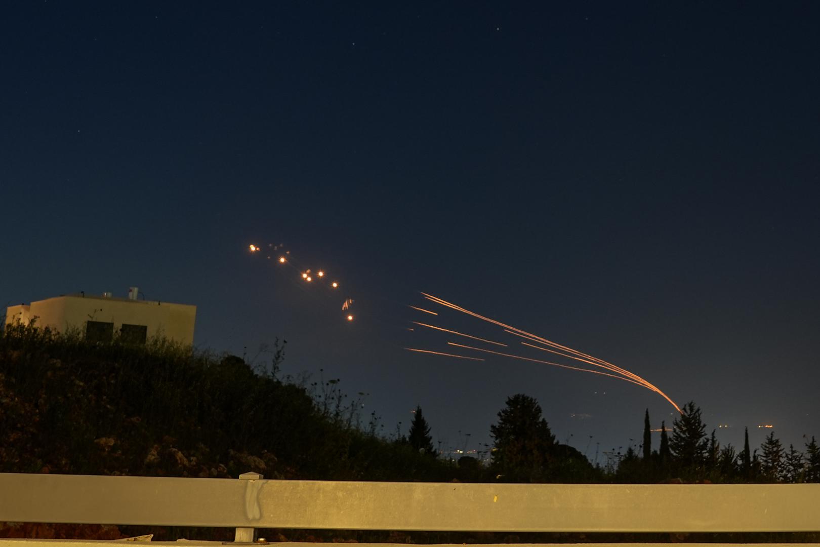 (240412) -- HULA VALLEY, April 12, 2024 (Xinhua) -- Israel's Iron Dome defense system launches missiles to intercept rockets fired from Lebanon, as seen over Hula Valley, northern Israel, on April 12, 2024. About 40 rockets were fired from Lebanon at northern Israel on Friday night, causing no casualties, following Israeli airstrikes in southern Lebanon, Israel military said. (Ayal Margolin/JINI via Xinhua) Photo: Ayal Margolin/JINI/XINHUA