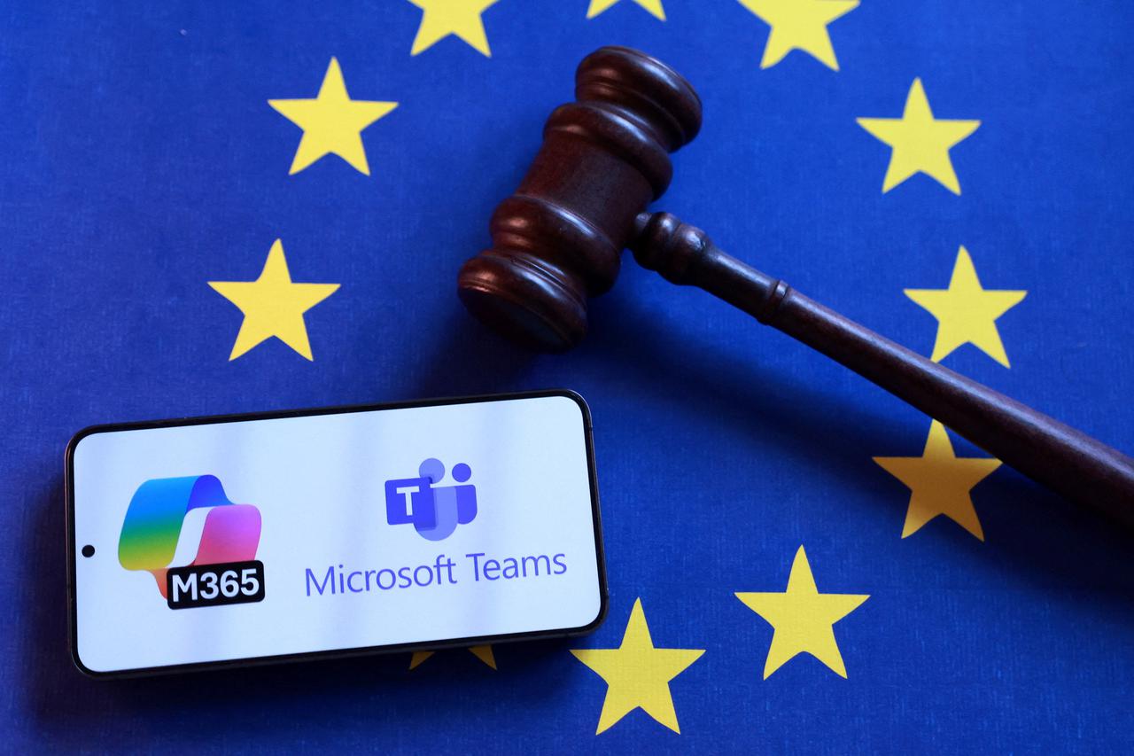 Illustration shows EU flag, Microsoft 365 and Teams logos and court gavel