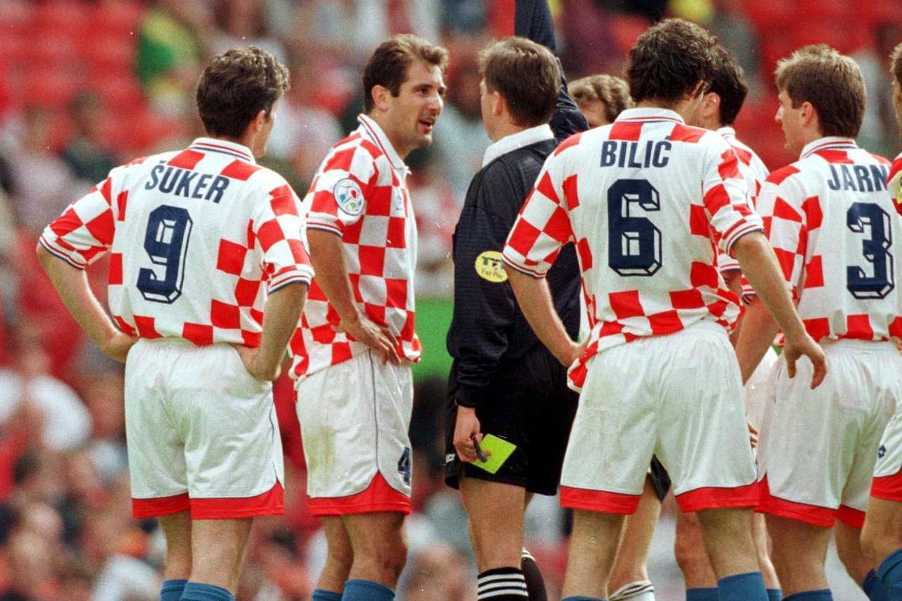 Germany v Croatia Euro 96 Quarter-final Pic: Lee Beskeen/Action Images Croatia'sIgor Stimac is sent off by referee Leif Sundell