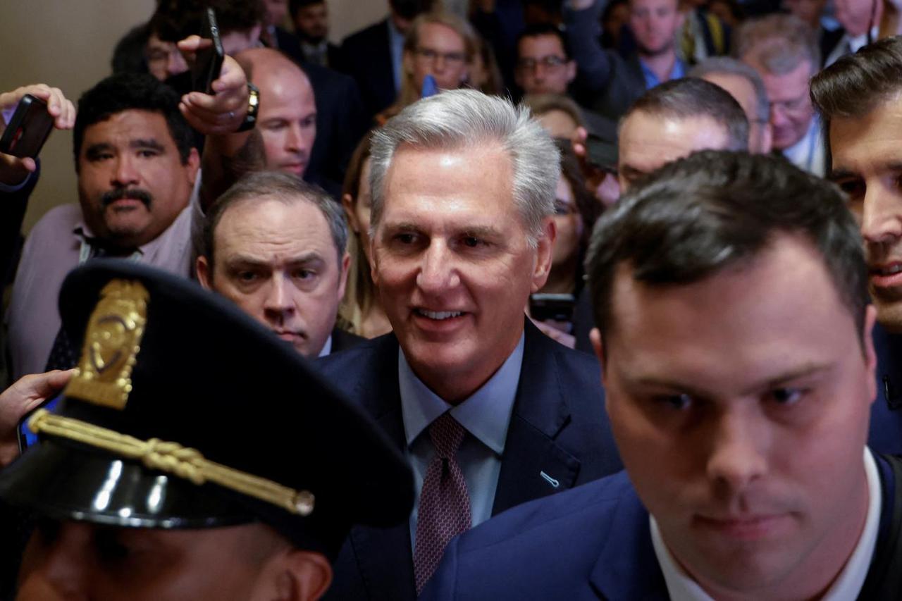 U.S. House Speaker Kevin McCarthy faces reporters about looming government shutdown at the Capitol in Washington