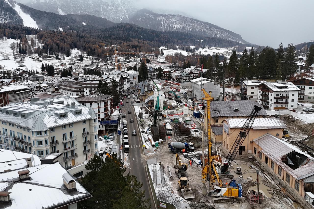 A drone view shows a construction site where a former bus station was situated, ahead of Milano Cortina Winter Olympics 2026