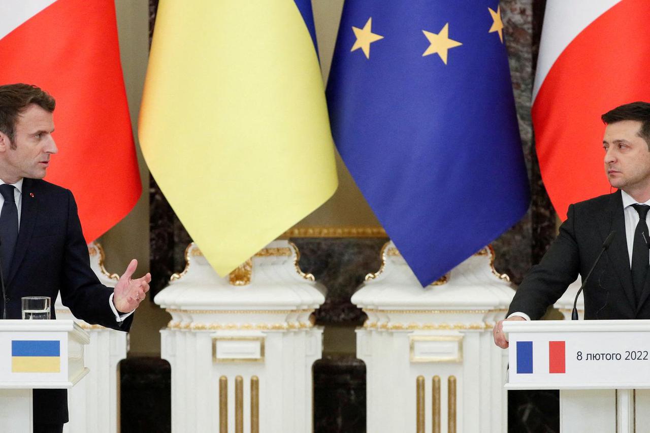FILE PHOTO: Ukrainian President Zelenskiy meets with French President Macron in Kyiv