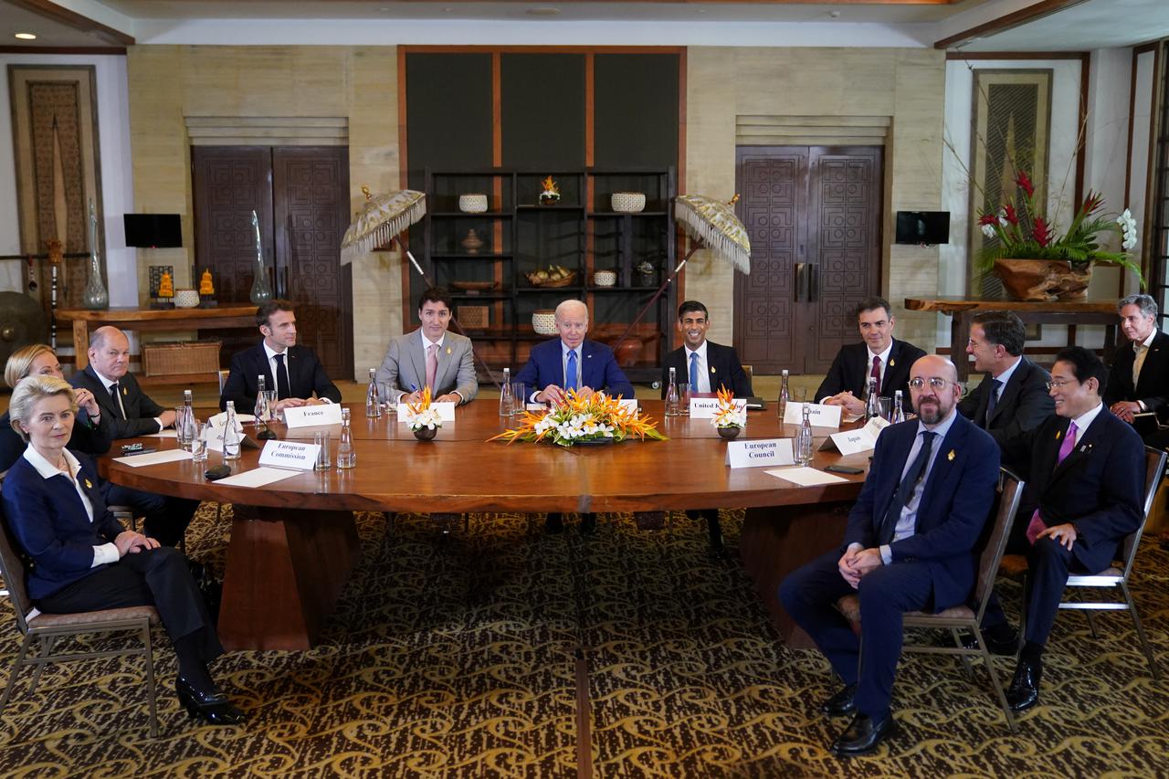 Global leaders attend a meeting, after an alleged Russian missile blast in Poland, in Bali