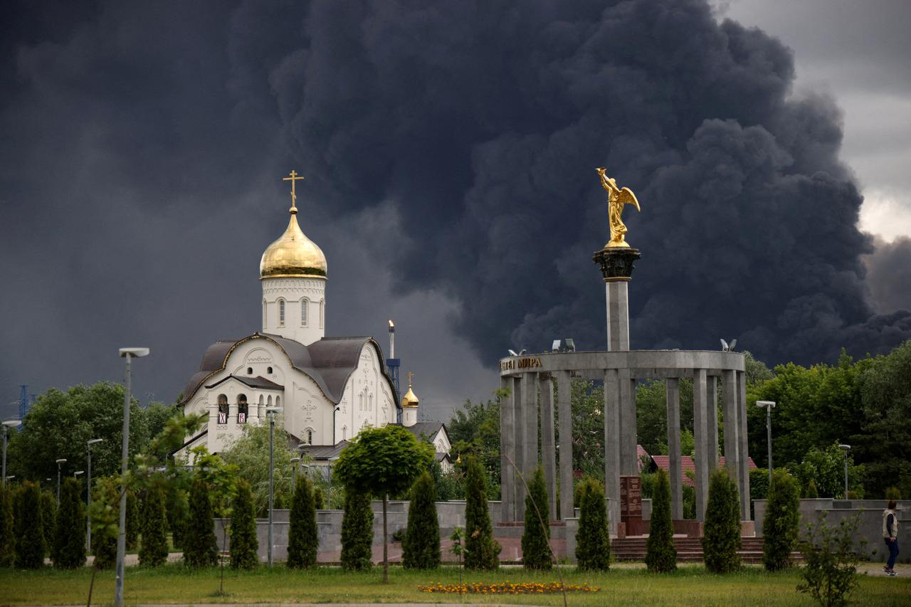 FILE PHOTO: Smoke rises from an oil refinery following a Ukrainian drone attack in Moscow