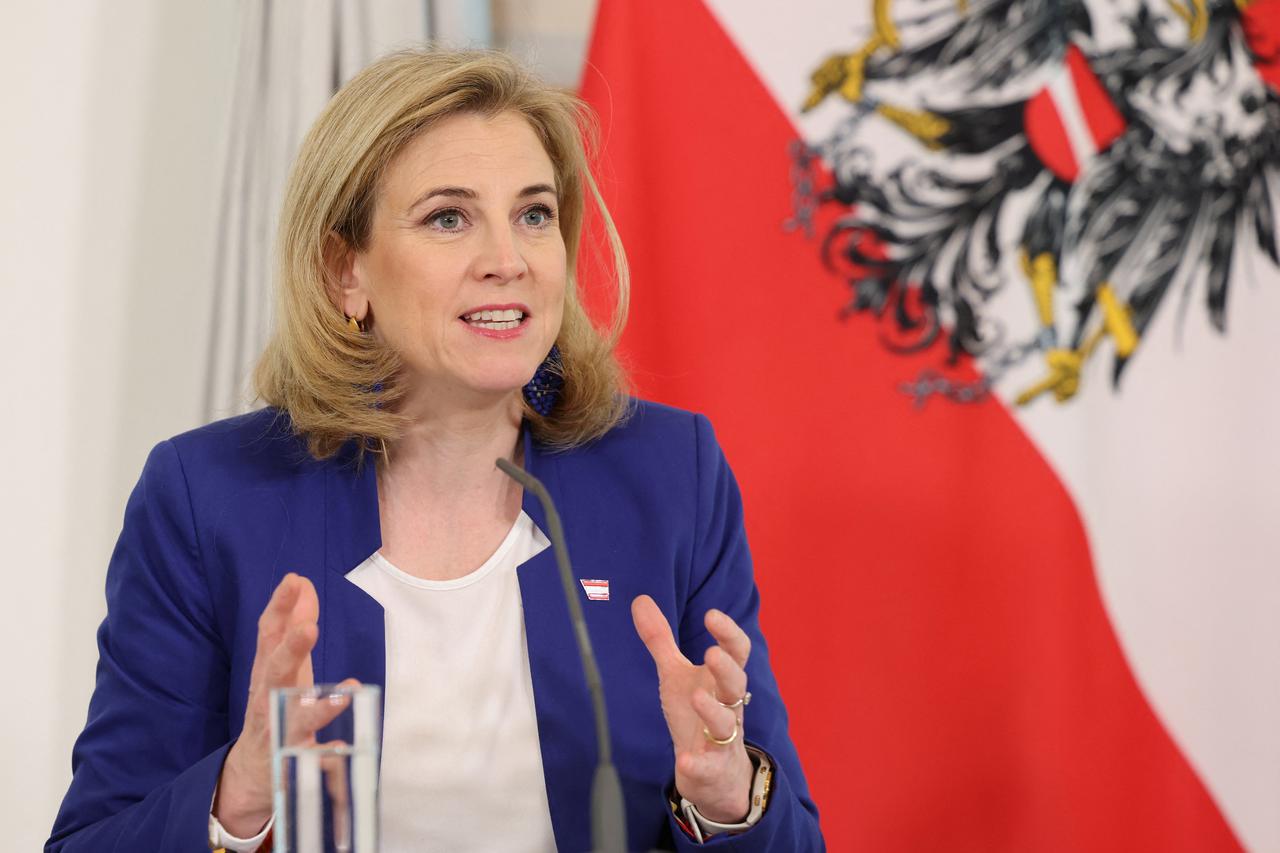 Austrian Foreign Minister Meinl-Reisinger addresses a press conference in Vienna