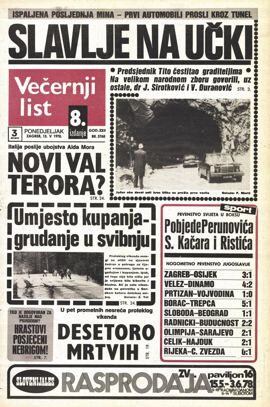Naslovnica Večernjeg lista iz 1978.