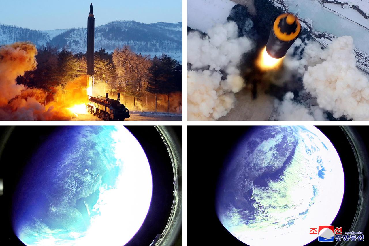 A combination image shows what appears to be a Hwasong-12 "intermediate and long-range ballistic missile" test