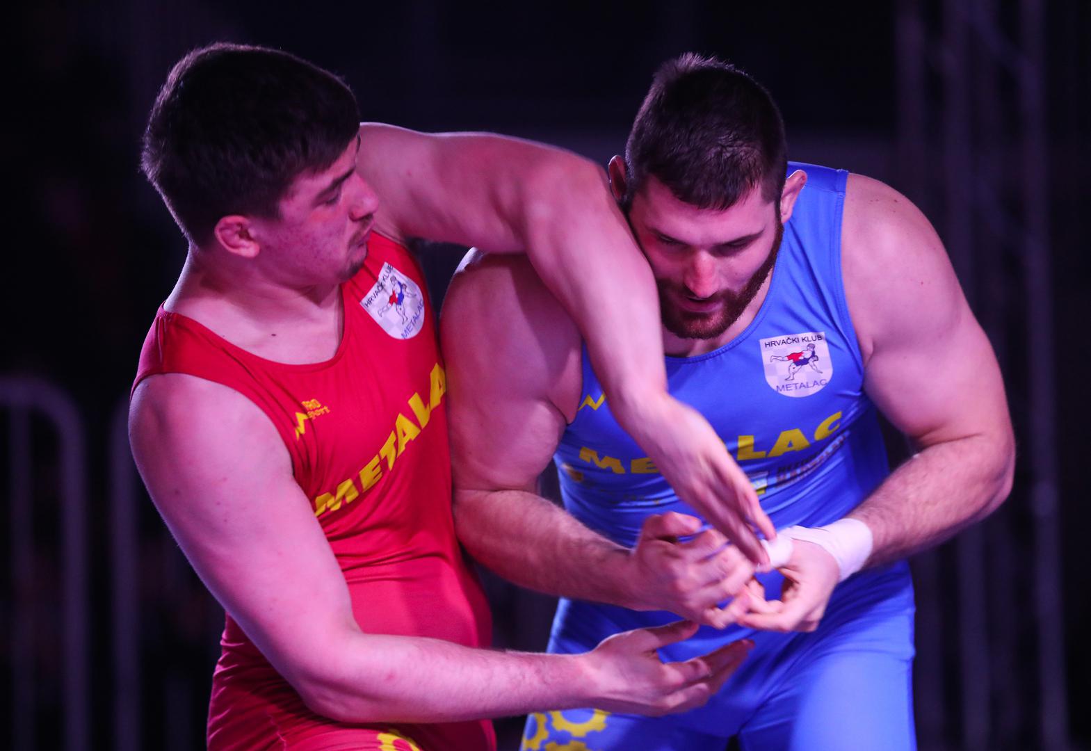 14.01.2023., Sesvetski Kraljevec, dvorana Iver - Prvenstvo Hrvatske u hrvanju grcko-rimskim nacinom. Marko Milanovic, sin predsjednika RH Zorana Milanovica osvojio je drugo mjesto na prvenstvu Hvatske u hrvanju. U finalu do 130kg pobijedio ga je Marko Koscevic Photo: Zeljko Hladika/PIXSELL