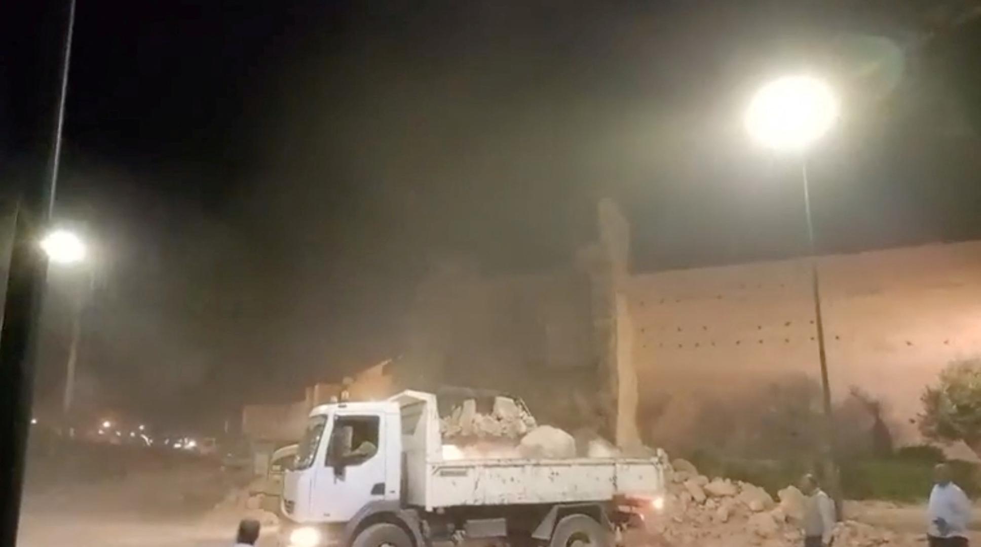 A truck picks up debris in the aftermath of an earthquake in Marrakech, Morocco September 9, 2023 in this screen grab from a social media video in this picture. Al Maghribi Al Youm/via REUTERS  THIS IMAGE HAS BEEN SUPPLIED BY A THIRD PARTY. MANDATORY CREDIT. NO RESALES. NO ARCHIVES. Photo: AL MAGHRIBI AL YOUM/REUTERS