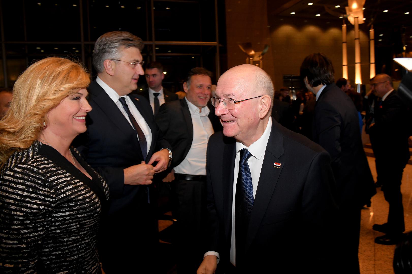 16.01.2023., Zagreb - U Nacionalnoj i sveucilisnoj knjiznici odrzana je promocija 2. dopunjenog izdanja knjige "Diplomatska oluja" Mate Granica. Kolinda Grabar Kitarovic, predsjednik Vlade Andrej Plenkovic, Mate Granic Photo: Josip Regovic/PIXSELL