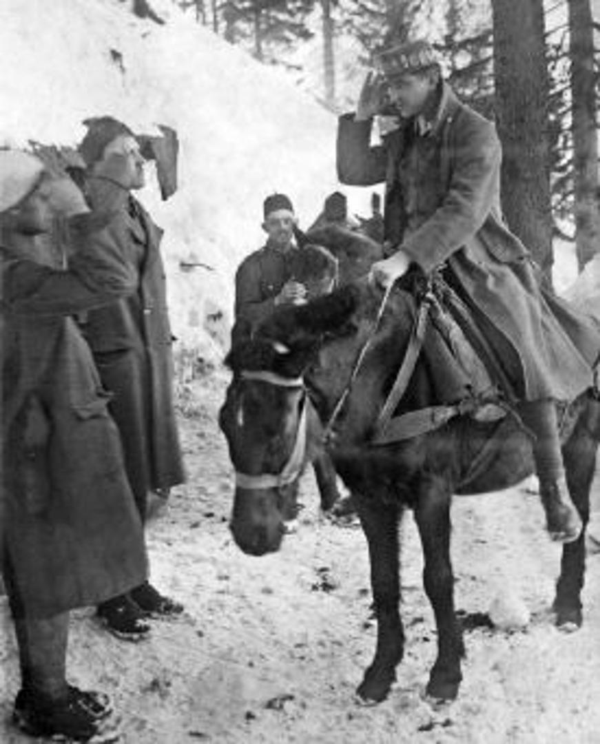 Pozdrav na bojištu: austrougarski vojnik jaše
na konju u zimskoj odori s kompletnom opremom; vojničku kapu ukrasio je nizom značaka