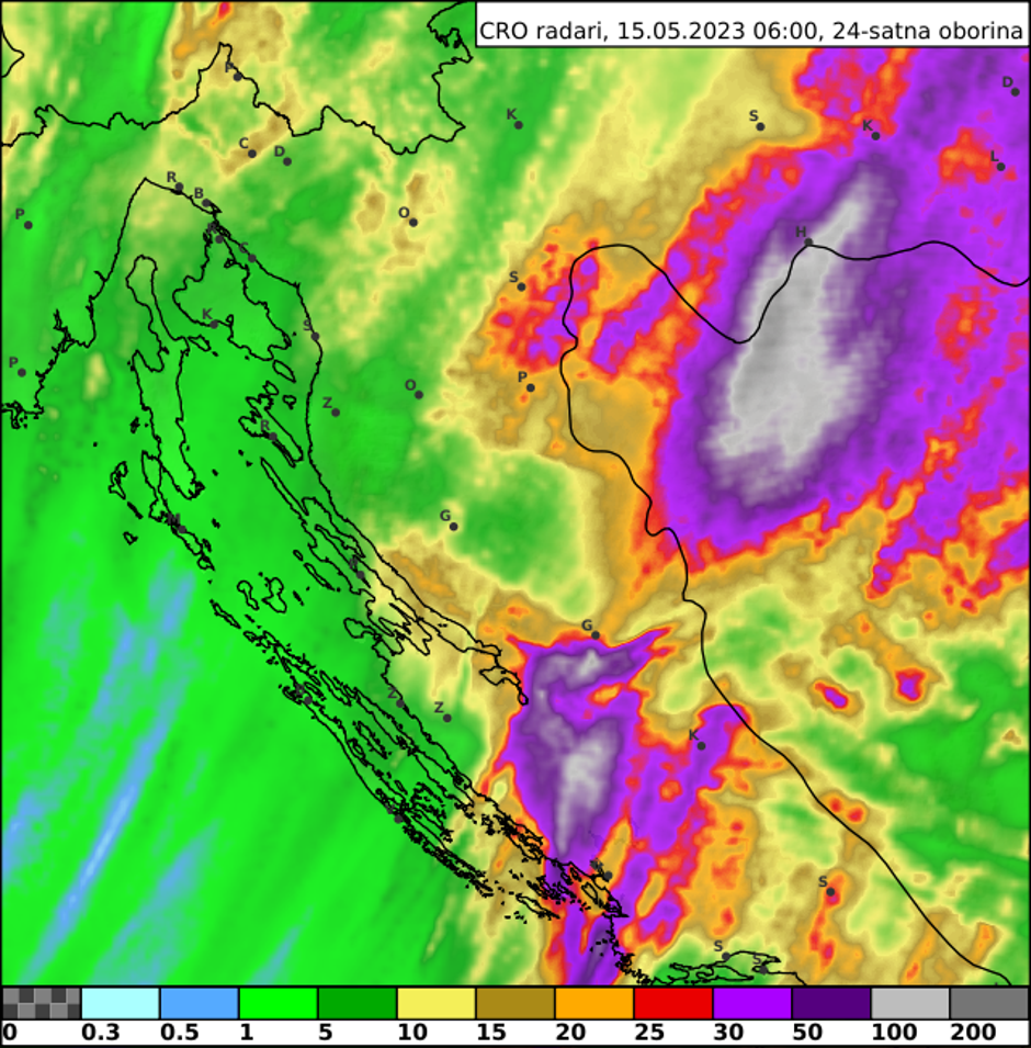 DHMZ:  Analiza 24-satne akumulirane oborine prema radarskim podacima u razdoblju od 14. svibnja u 6 UTC do 15. svibnja 2023. u 6 UTC