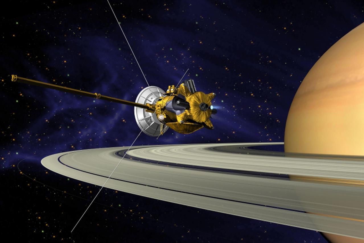 \'Umjetnicka predodzba o trenutku kada Cassini pali motor. Sonda Hygens, stitasti oblik na sondi dolje, spustit ce se na najveci Saturnov mjesec Titan\'