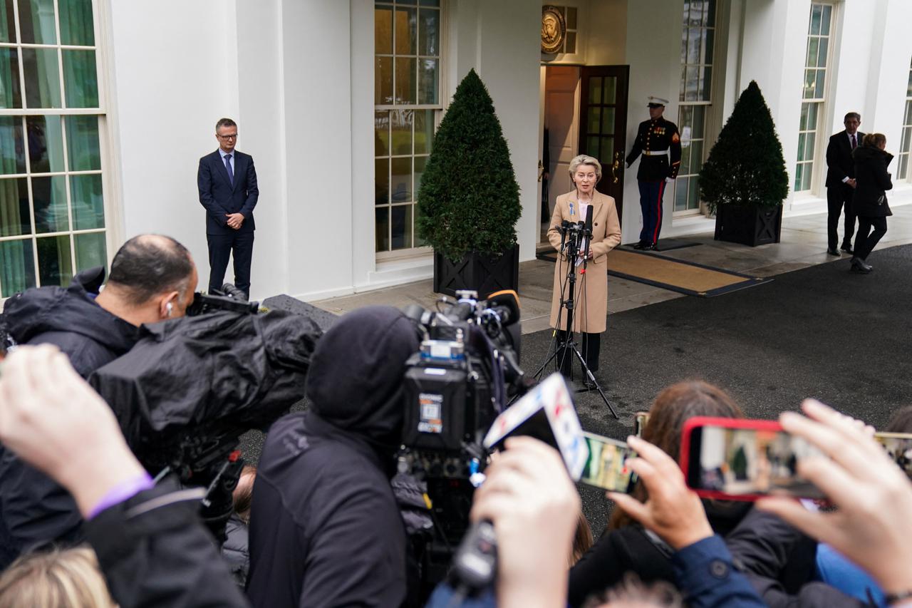 President of the European Commission Ursula von der Leyen speaks to press in Washington