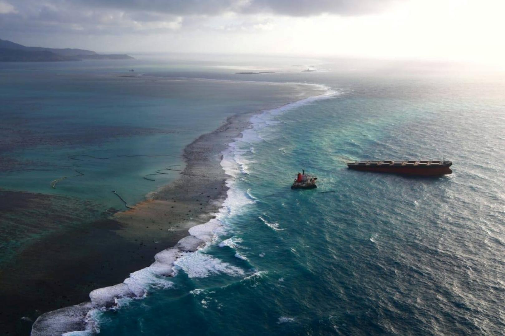 A Japanese bulk carrier MV Wakashio, that has struck a coral reef causing an oil spill, is seen in Mauritius A Japanese bulk carrier MV Wakashio, that has struck a coral reef causing an oil spill, is seen in Mauritius, in this undated aerial picture obtained from social media on August 18, 2020. Mobilisation Nationale Wakashio/via REUTERS  THIS IMAGE HAS BEEN SUPPLIED BY A THIRD PARTY. MANDATORY CREDIT. NO RESALES. NO ARCHIVES. MOBILISATION NATIONALE WAKASHIO