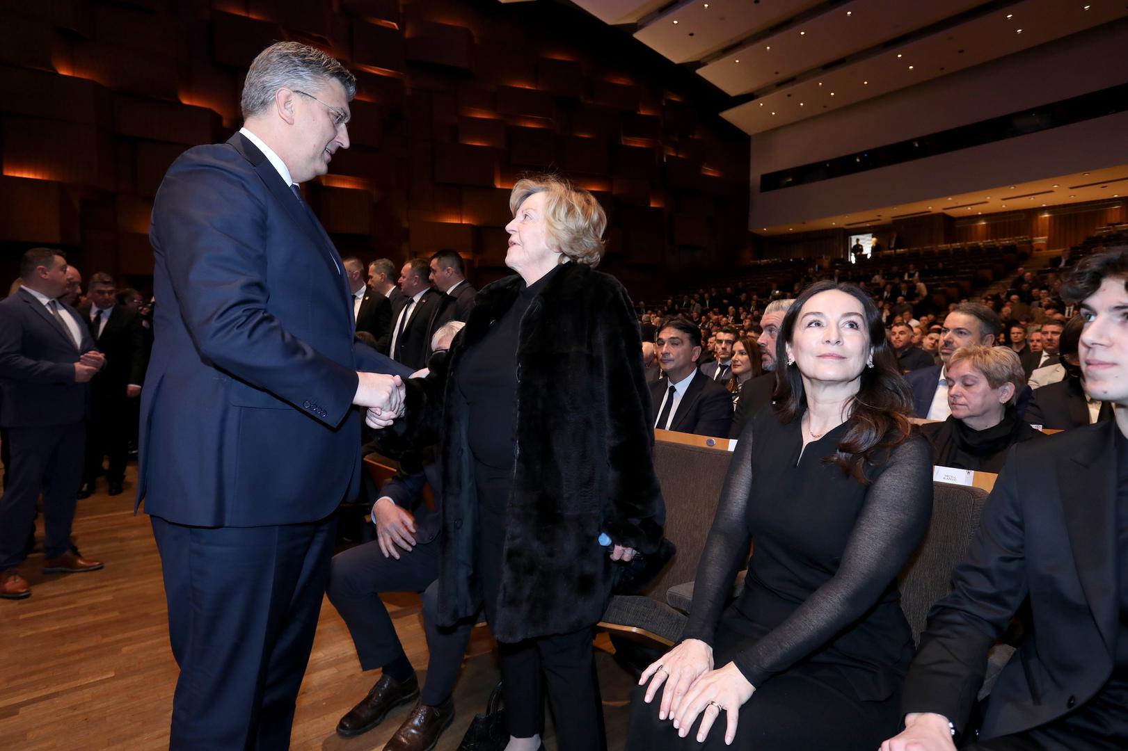 15.02.2023., Zagreb - U KD Vatroslav Lisinski odrzana je komemoracija za Miroslava Ciru Blazevica. Andrej Plenkovic, Zdenka Blazevic. Photo: Robert Anic/PIXSELL