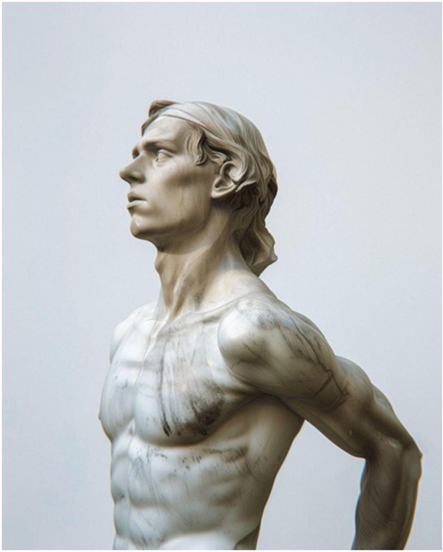 Skulptura predstavlja Luku Modrića, poznatog hrvatskog nogometaša, u herojskom i atletskom stilu koji podsjeća na antičke grčke i rimske skulpture. Poseban naglasak stavljen je na fizičku kondiciju i snagu, što odražava njegovu sportsku vitalnost i dinamiku. Njegovo ozbiljno i fokusirano izražavanje lica zrači odlučnošću i predanosti, karakteristikama često povezanim s vrhunskim sportašima.
