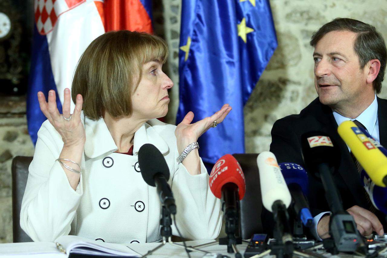06.02.2013., Otocec, Slovenija - Sastanak ministara vanjskih poslova Hrvatske i Slovenije Vesne Pusic i Karla Erjavca u hotelu Grad Otocec u Sloveniji. Tema sastanka su otvorena pitanja izmedju Hrvatske i Slovenije. Vesna Pusic i Karl Erjavec.  Photo: Zel