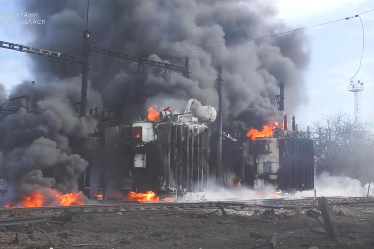 Smoke emerges from a substation near the Krasne Railway Station following Russian shelling, in Krasne