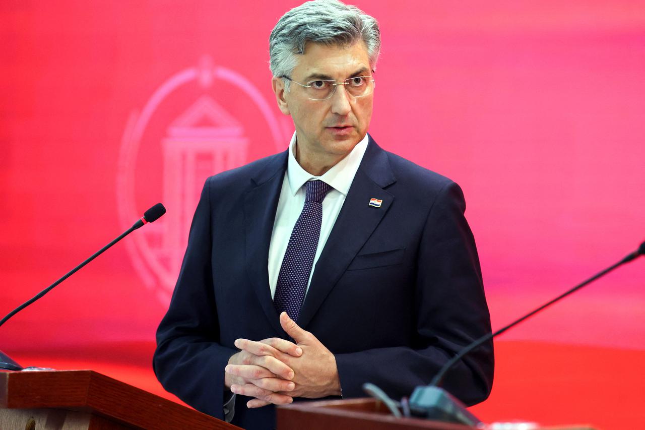 Croatian Prime Minister Andrej Plenkovic speaks during a press conference in Ohrid
