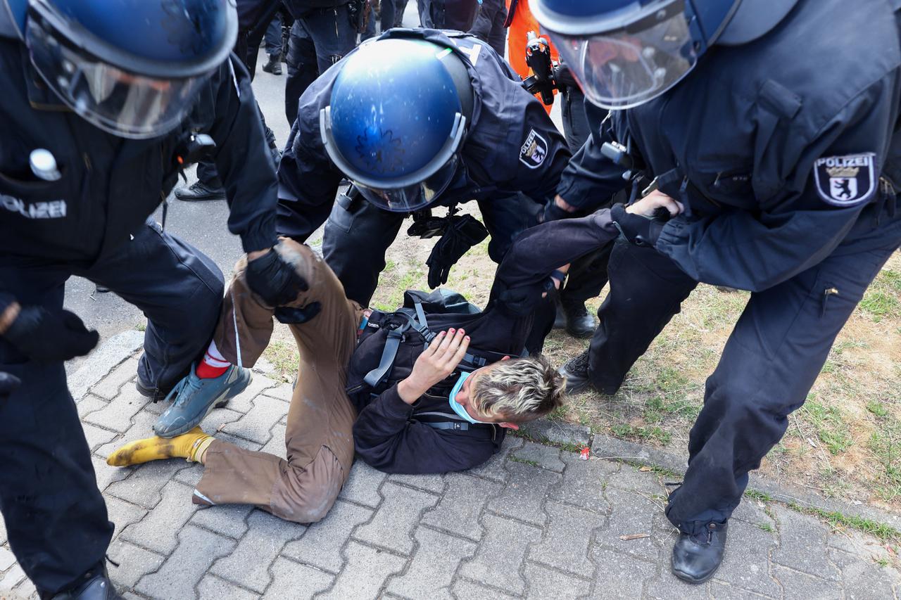 Activists protest against the expansion of the Tesla Gigafactory in Gruenheide