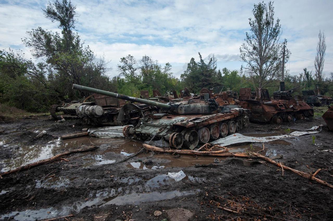 Destroyed Russian tanks and armoured personnel carriers are seen near the town of Izium