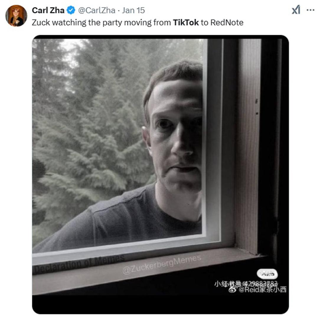 Neki su se našalili i s čelnikom Mete Markom Zuckerbergom. ''Evo kako Zuck gleda sve kako se s TikToka sele na REDNote'', pisali su uz njegovu fotografiju prilijepljenog uz prozor. 

