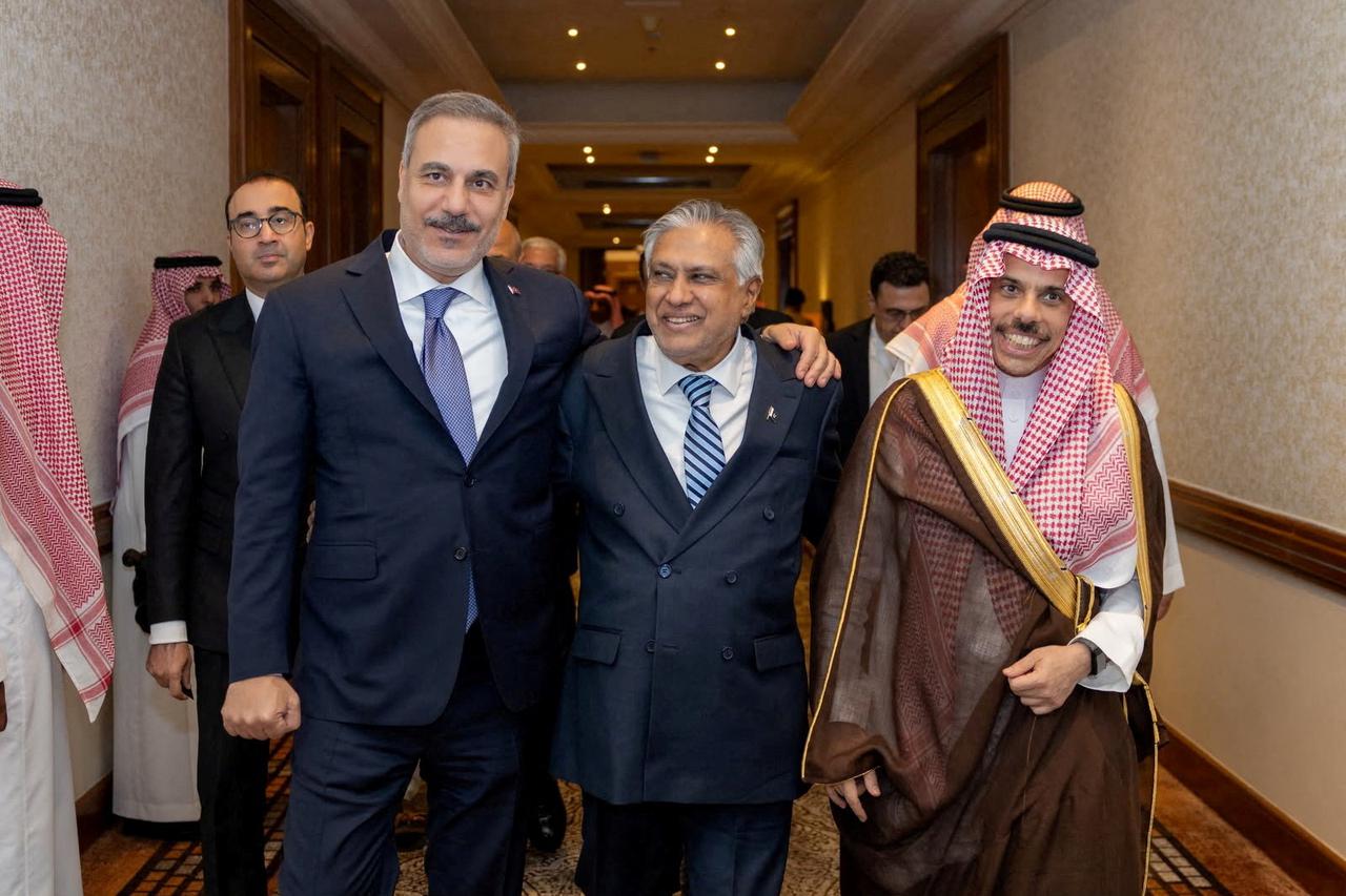 Turkey's Foreign Minister Hakan Fidan, Pakistan's Deputy Prime Minister and Foreign Minister Mohammad Ishaq Dar and Saudi Arabia's Foreign Minister Prince Faisal bin Farhan Al Saud leave after a committee meeting of Mecca defence pact in Riyadh