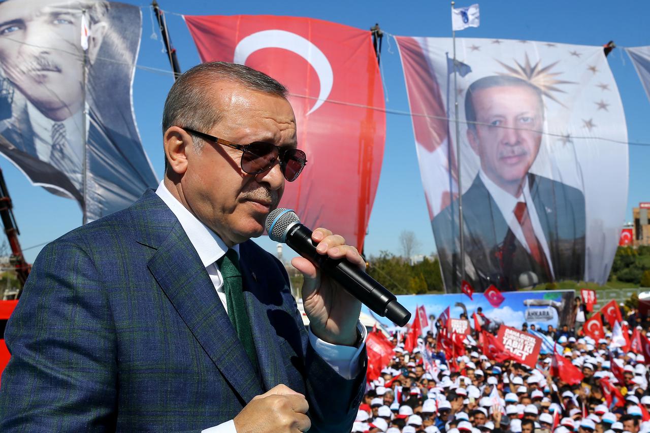 Turkish President Tayyip Erdogan makes a speech during a ceremony in Ankara, Turkey, April 2, 2017. Murat Cetinmuhurdar/Presidential Palace/Handout via REUTERS ATTENTION EDITORS - THIS PICTURE WAS PROVIDED BY A THIRD PARTY. FOR EDITORIAL USE ONLY. NO RESA