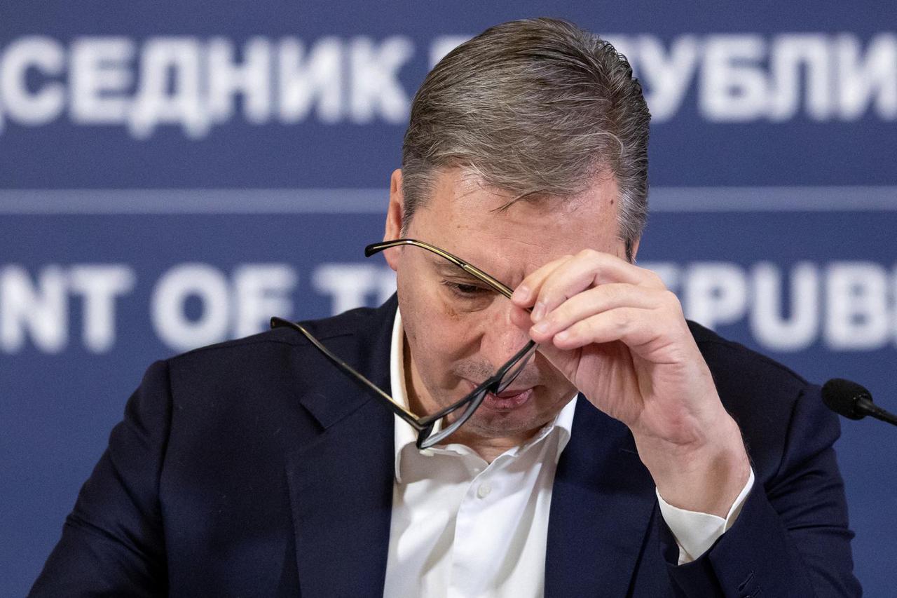 Serbia's President Aleksandar Vucic speaks during a press conference in his office in Belgrade