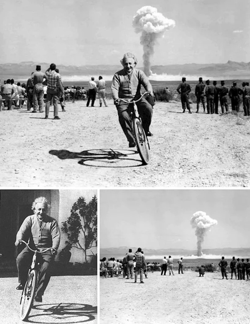 Fotografija Alberta Einsteina koji se veselo i bezbrižno vozi na biciklu dok je iza njega upravo eksplodirala bomba nečije je umjetničko djelo, ali fotošopa. Naime, fotografija eksplozije nastala je čak 7 godina nakon Einsteinove smrti.

