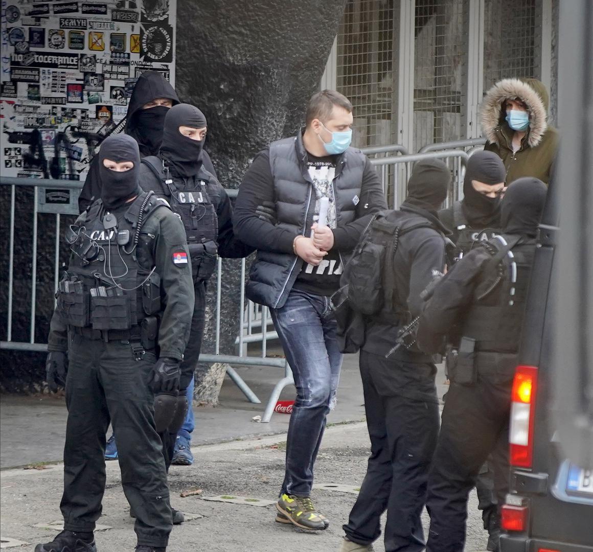 04, February, 2021, Belgrade - As part of the investigation after the arrest of the organized criminal group, Veljko Belivuk, known as Velja Nevolja, was brought to the stadium of the Partizan Football Club accompanied by the police. Veljko Belivuk. Photo: Antonio Ahel/ATAImages04, februar, 2021, Beograd - U sklopu istraznih radnju posle hapsenja organizovane kriminalne grupe Veljko Belivuk, poznat kao Velja Nevolja doveden je u pratnji policije na stadion Fudbalskog kluba Partizan. Photo: Antonio Ahel/ATAImages