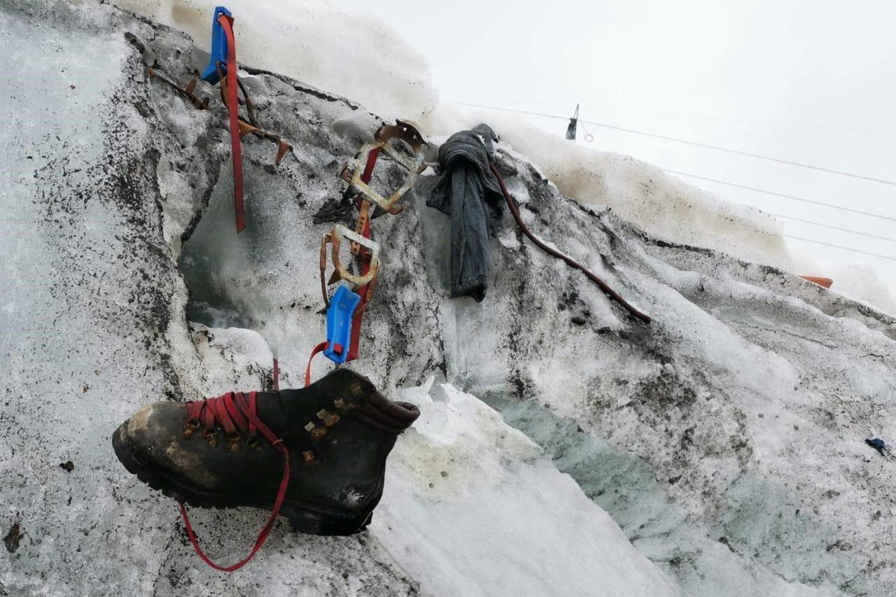 A boot that belonged to a German climber who disappeared while hiking along Switzerland’s Theodul Glacier in 1986 is pictured in Zermat