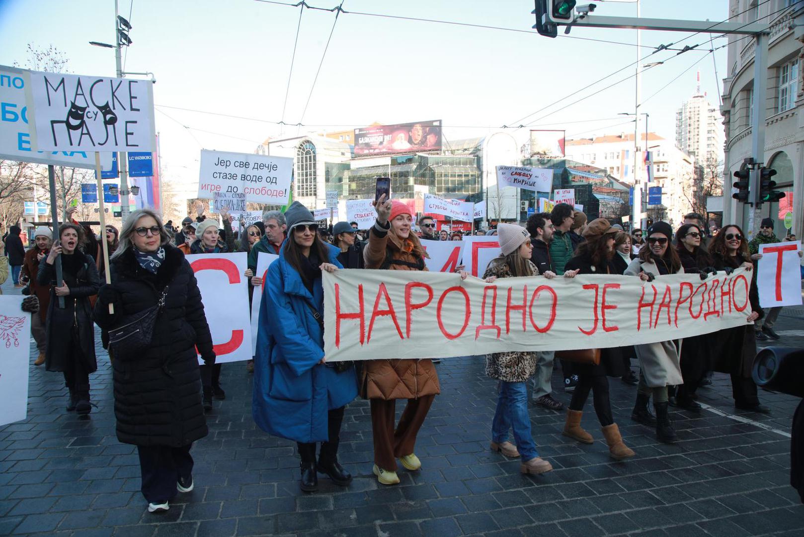 11, February, 2025, Belgrade -The acting ensembles organized a protest walk "Traveling Theater" that started in front of the Temple of Saint Sava at 12:30 p.m. where those present paid a 15-minute tribute, and then the procession moved along the street next to the theaters that joined the walk. Photo: Milos Tesic/ATAImages  11, februar, 2025, Beograd - Glumacki ansambli organizovali su protestnu setnju "Putujuce pozoriste" koja je krenula ispred Hrama Svetog Save u 12.30h gde su prisutni odali 15-minutnu pocast, a potom je povorka krenula ulica pored pozorista koja su se prikljucila setnji. Photo: Milos Tesic/ATAImages Photo: Milos Tesic/ATAImages/PIXSELL