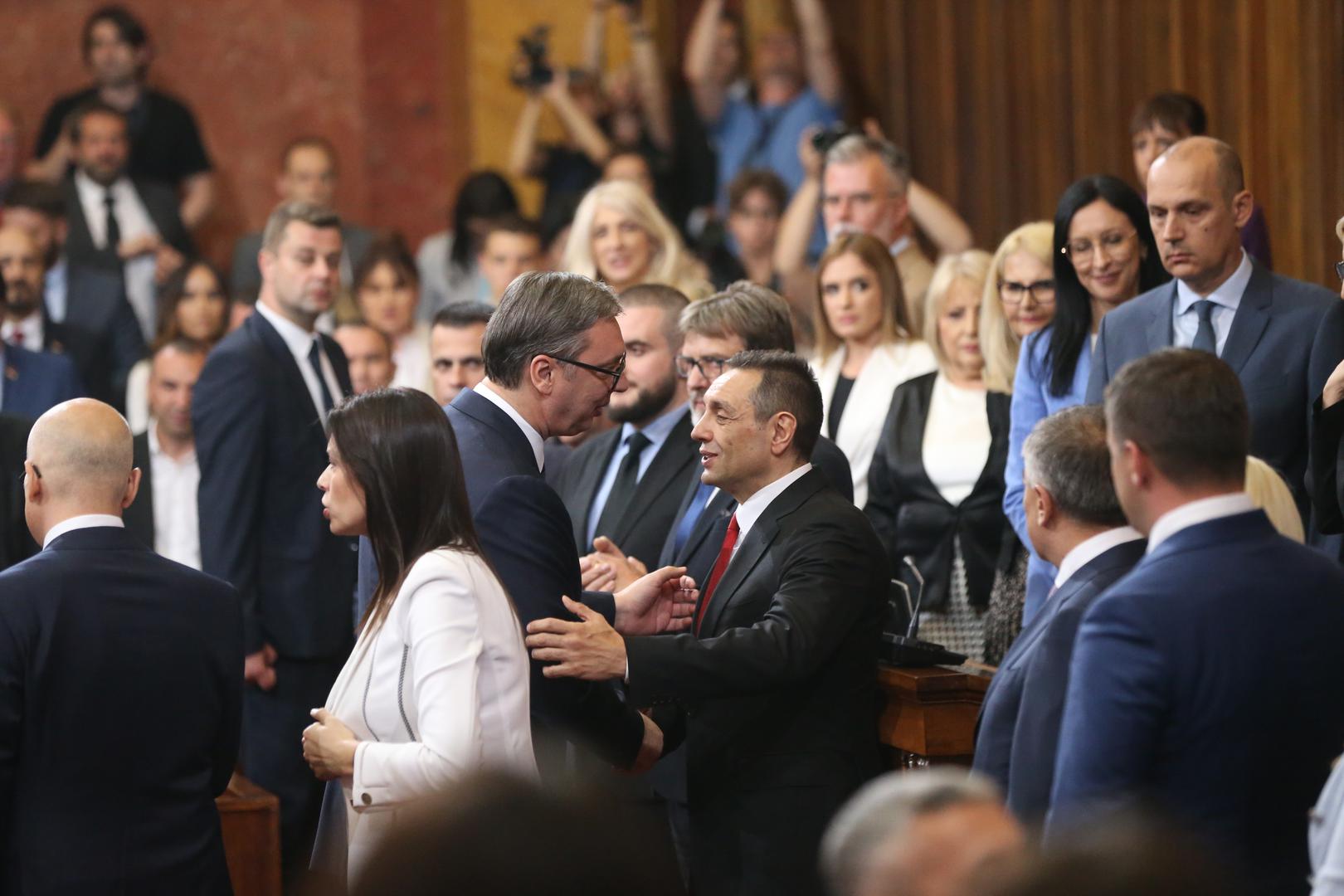 02, May, 2024, Belgrade - The Prime Minister of the Republic of Serbia, Milos Vucevic, and the ministers took the oath in the Assembly of the Republic of Serbia, and with that, their mandate officially began. Aleksandar Vucic, Aleksandar Vulin. Photo: F.S./ATAImages02, maj, 2024, Beograd - Predsednik Vlade Republike Srbije Milos Vucevic i ministri polozili su zakletvu u Skupstini Republike Srbije, a time je poceo i zvanicno da im tece mandat. Photo: F.S./ATAImages Photo: F.S./ATAImages/PIXSELL