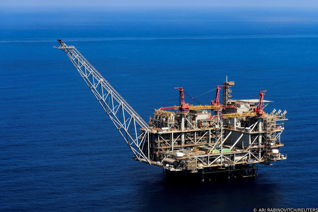 The gas platform for Leviathan, Israel's largest gas field is seen from a helicopter near Haifa bay