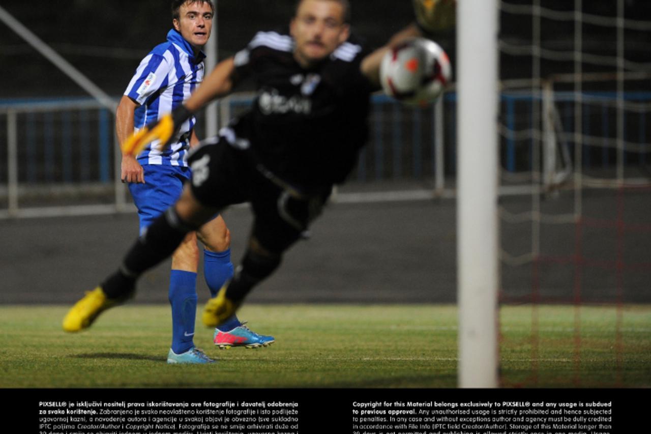 '29.07.2013., stadion u Kranjcevicevoj, Zagreb - MAXtv 1. HNL, 03. kolo, NK Lokomotiva - NK Slaven Belupo. Leonard Mesaric postigao je pogodak za pobjedu Lokomotive. Photo: Daniel Kasap/PIXSELL'