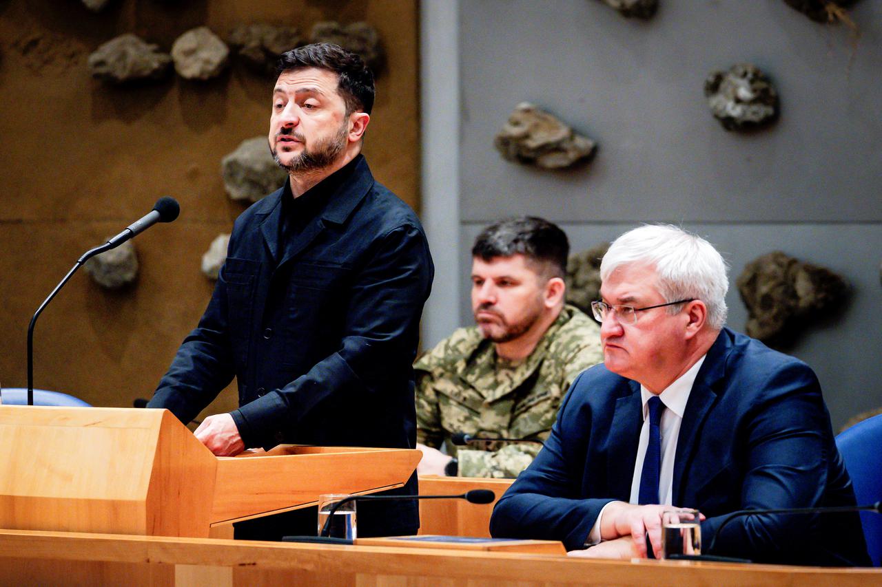 Ukrainian President Zelensky addresses the House of Representatives, in The Hague