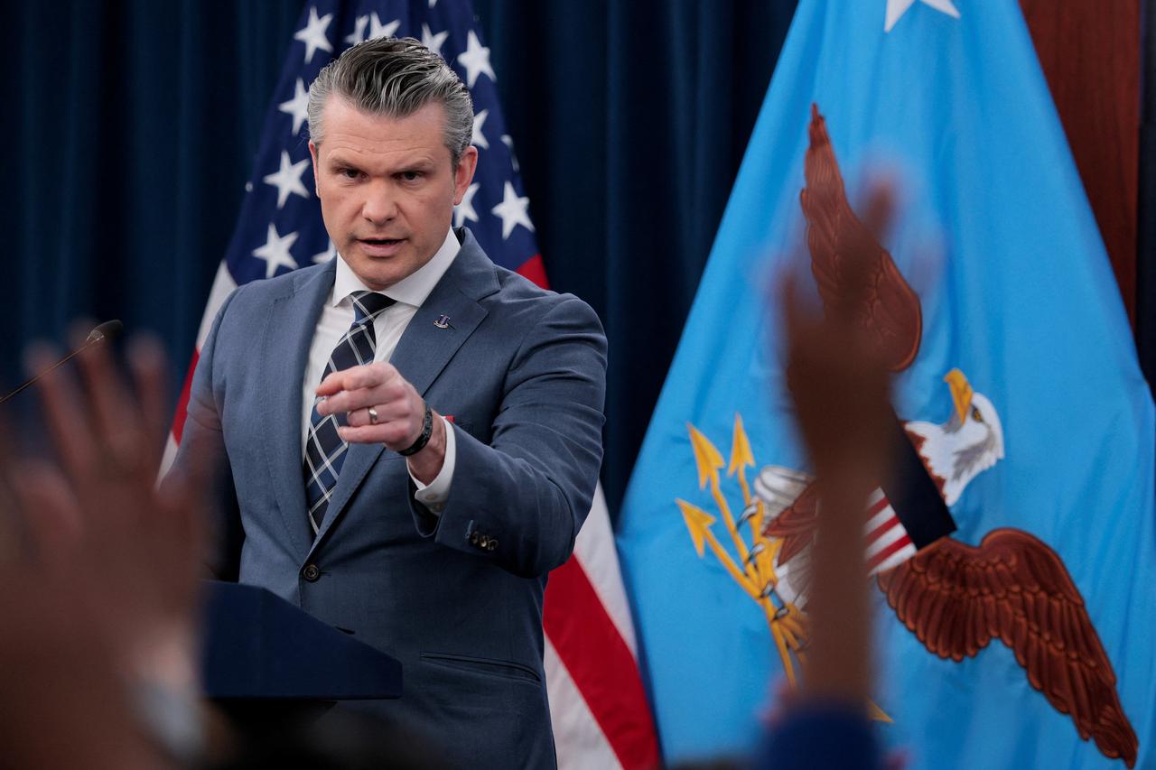 U.S. Secretary of Defense Pete Hegseth and Chairman of the Joint Chiefs of Staff General Dan Caine hold a briefing amid the U.S.-Israeli war on Iran, at the Pentagon