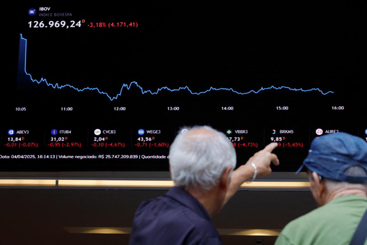An electronic board displays information on recent fluctuations of market indices at the B3 Stock Exchange in Sao Paulo