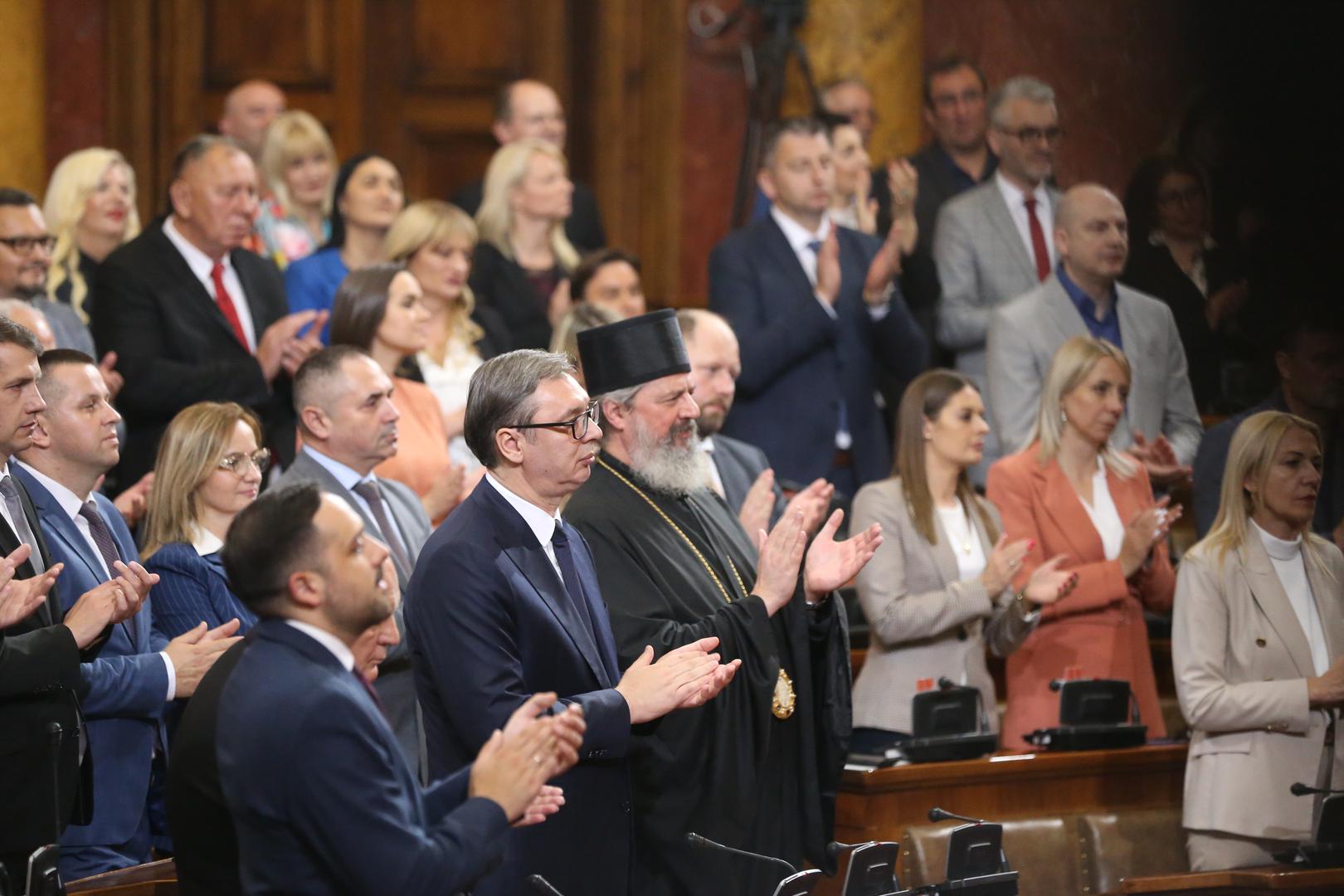 02, May, 2024, Belgrade - The Prime Minister of the Republic of Serbia, Milos Vucevic, and the ministers took the oath in the Assembly of the Republic of Serbia, and with that, their mandate officially began. Aleksandar Vucic. Photo: F.S./ATAImages02, maj, 2024, Beograd - Predsednik Vlade Republike Srbije Milos Vucevic i ministri polozili su zakletvu u Skupstini Republike Srbije, a time je poceo i zvanicno da im tece mandat. Photo: F.S./ATAImages Photo: F.S./ATAImages/PIXSELL